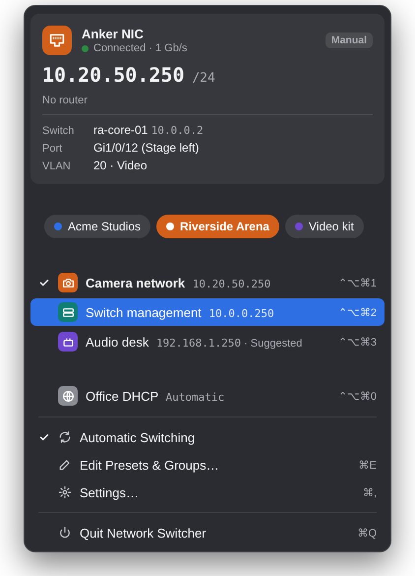 The menu in dark appearance, with buttons for each group above the active group's presets.
