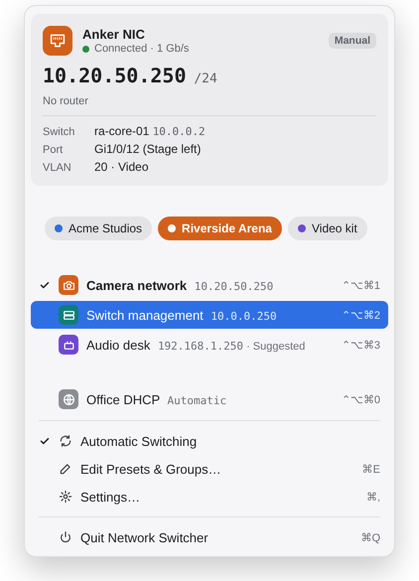 The Network Switcher menu: an adaptor's status with its address, switch, port and VLAN, group buttons, and a list of presets with keyboard shortcuts.
