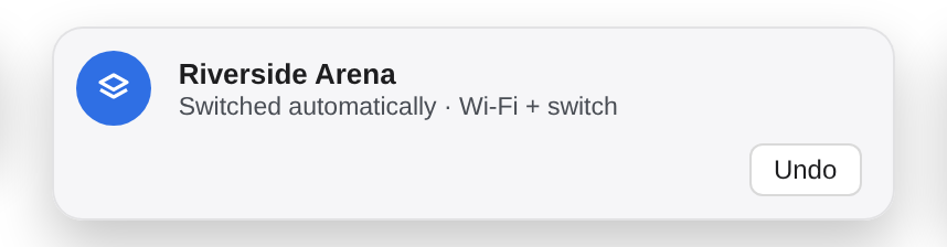 A notice reading: Riverside Arena, switched automatically, Wi-Fi plus switch, with an Undo button.